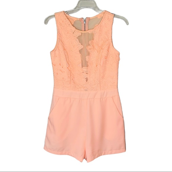 Tea n Cup Pants - Tea & Cup Peach Sheer Mesh Lace Appliqué Romper S